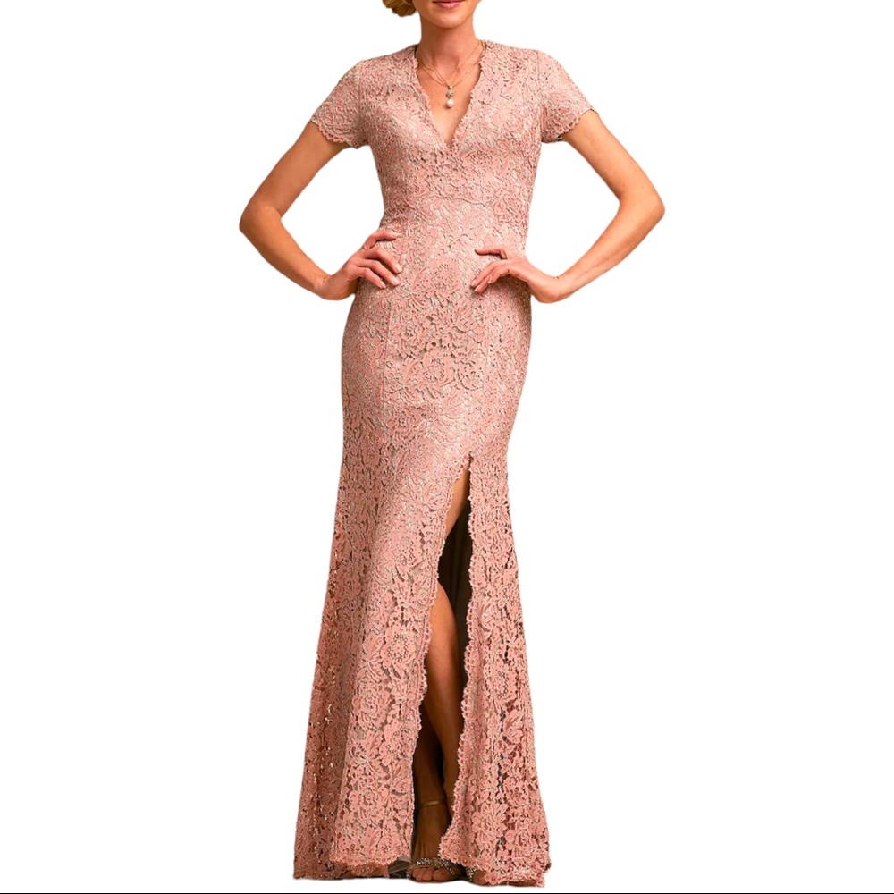 New Terani Couture x BHLDN Ceres 8 / M Pink Silver Allover Lace Rhinestone Gown